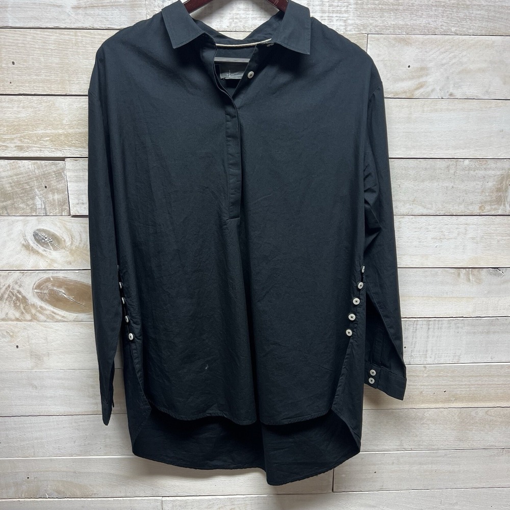 Anthropologie Tunic Top Womens Medium Black Long Sleeve Collared V Neck Cotton
